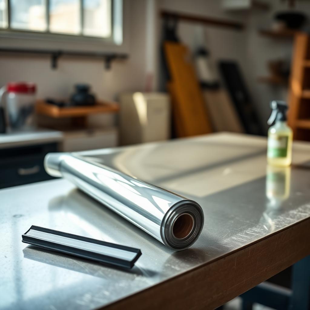 A roll of premium ceramic window tint film on the installer's workbench.
