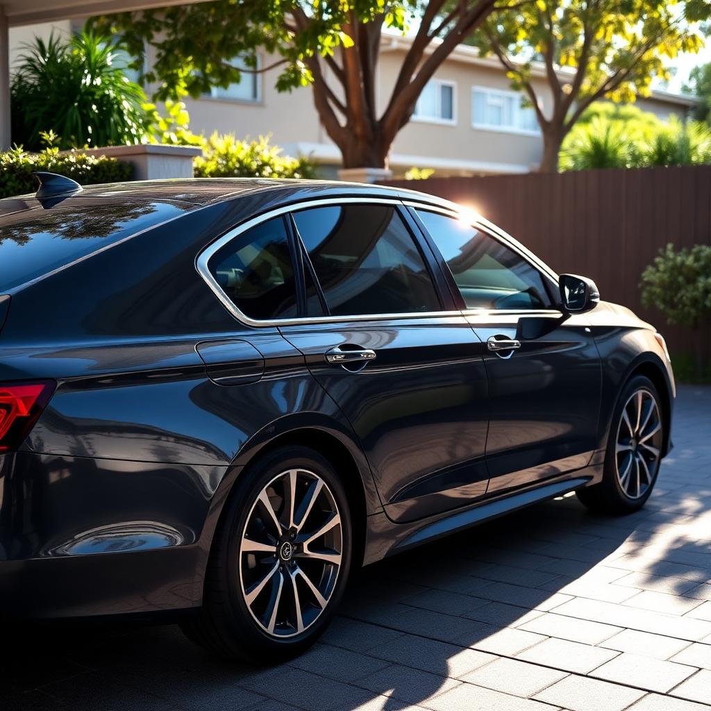 Freshly tinted car parked in a Melbourne driveway after a mobile window tinting service.