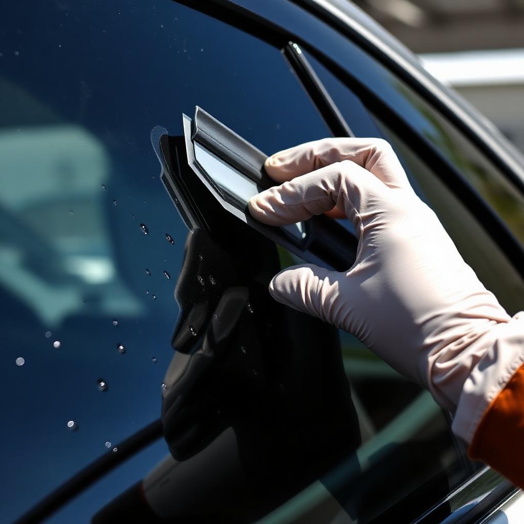 Mobile installer applying tint film to a car window in Melbourne.