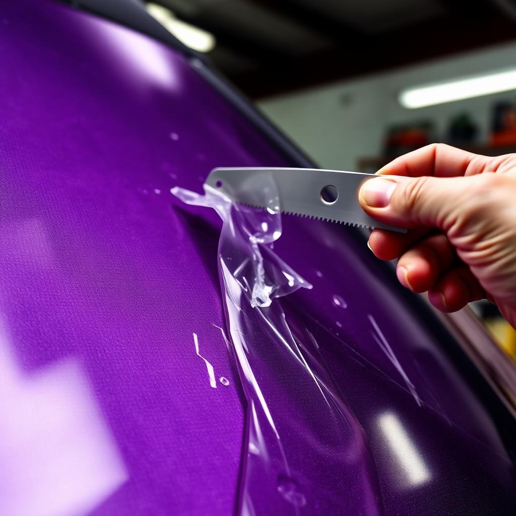 Old bubbling window tint being removed from a car window in Melbourne to clear a roadworthy defect.