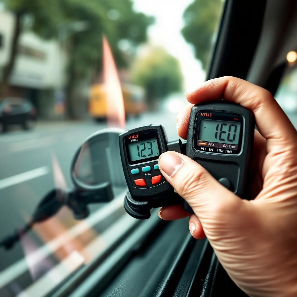 Technician measuring a car window's VLT with a tint meter to check Victorian legal compliance in Melbourne.